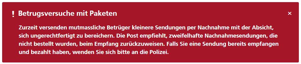 Warnung auf der Webseite der Post - www.post.ch